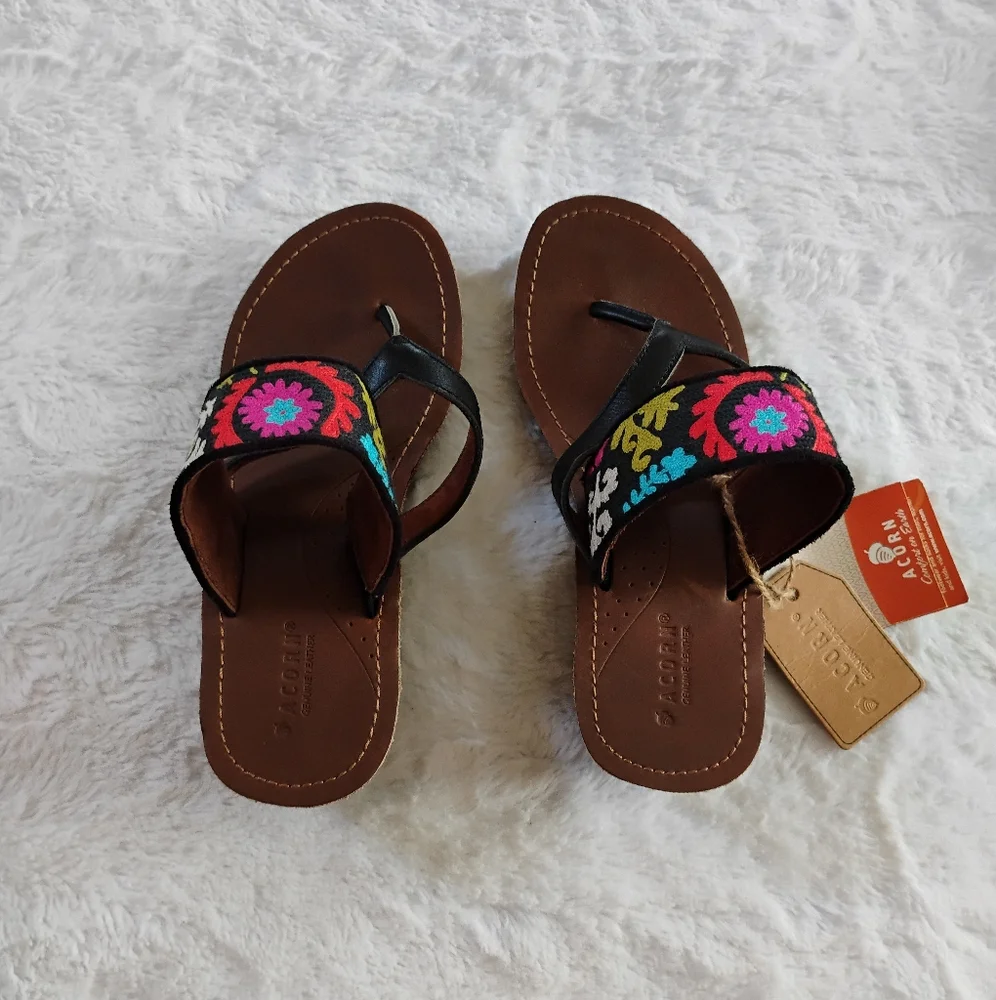 Acorn ArtWalk Leather Multi-Colored Woven Floral Boho Wedge Sandals